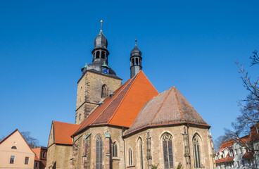 Fototapeta na wymiar Towers of the historic Jacobi church in Hettstedt, Germany
