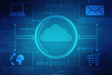 2d illustration of Cloud computing, Digital Cloud computing Concept background. Cyber technology, internet data storage, database and data server concept