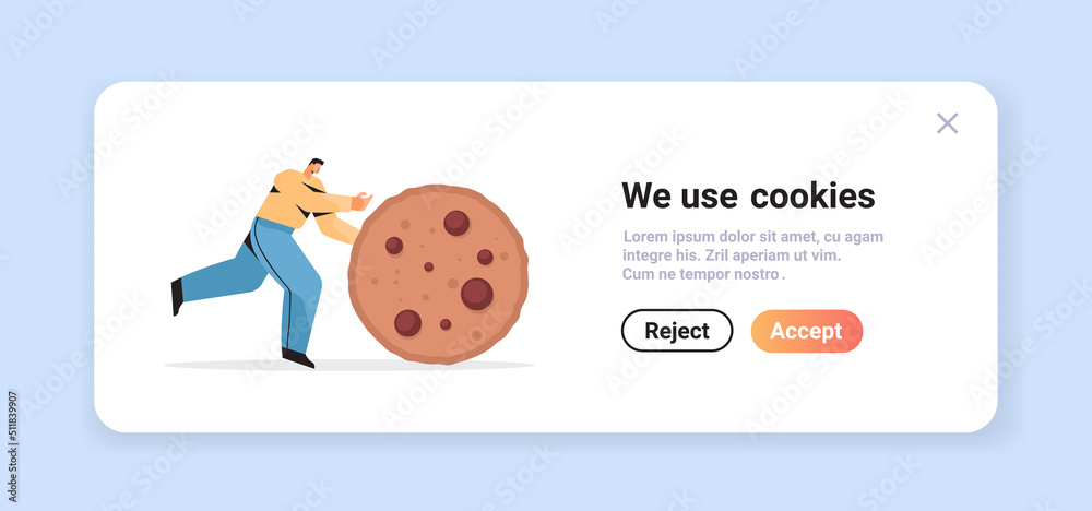 Wall mural man rolling cookie protection of personal information internet web pop up we use cookies policy noti