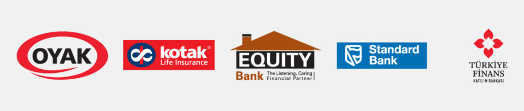 Standard Bank logo, Kotak Life Insurance logo, OYAK Ordu Yardımlaşma Kurumu logo, Equity Bank logo, Türkiye Finans logo, Finance logo, Set of popular logos printed on paper.