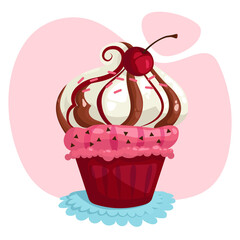 Cupcake with chocolate, cherries and sprinkles. Vector illustration.