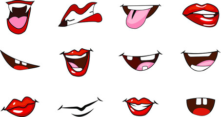 Set of lips, tongues, teeth and smiles with different emotions for characters