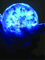 Blue bright moon in the hands of a man. Microorganisms in the laboratory