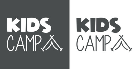 Banner con texto manuscrito Kids Camp. Vector con silueta de tienda de acampada con líneas. Logo vacaciones. Fondo gris y fondo blanco