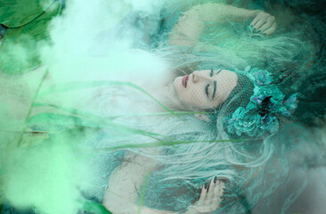 Old European magic, Mystical Pagan scene, woman in lake, rite. Magic divination in water, undina 