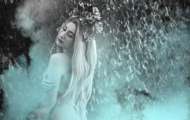 Obraz premium Old European magic, Mystical Pagan scene, woman in lake, rite. Magic divination in water, undina 