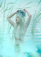 Old European magic, Mystical Pagan scene, woman in lake, rite. Magic divination in water, undina 