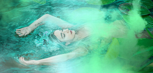 Old European magic, Mystical Pagan scene, woman in lake, rite. Magic divination in water, undina 