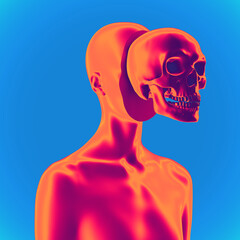 Abstract creative illustration from 3D rendering of female bust figure with skull in front of her face.Vaporwave style color palette illustration isolated on background.
