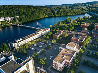 Aerial view of Campus area with Ylistö bridge over river to in Jyväskylä, Finland.