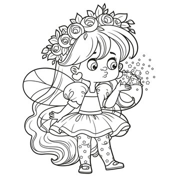 Cute cartoon little fairy blows fairy dust from the palm of your hand outlined for coloring on white background