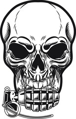 A human skull holding a hand grenade in its jaw. in a vintage woodblock style