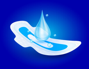 Water drop, air bubble on sanitary pad napkin with wings for feminine hygiene menstruation of absorbent pad for women. Hygroscopic offering soft comfort. Vector realistic 3D. For advertising diapers. © Adisak