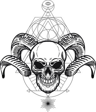 Hand Drawn human skull with goat horn doodle, vector illustration. Scull with ram, deer, a horned animal, tattoo design. Sketch for hipster tattoo or bohemian logo.