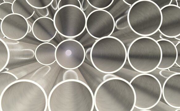 Metal pipe stainless stacked wait for material in manufacturing 3D render