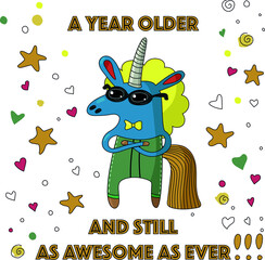 Birthday postcard with cartoon horse can be used as card motive,
background, textile idea, etc.