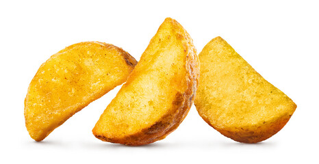 Three delicious potato wedges, isolated on white background