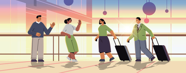 passengers with baggage discussing during meeting with coleagues businesspeople standing with luggage traveling