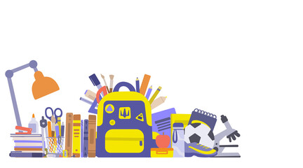 School stationery equipment vector illustration. Back to school concept with empty space. Flat books, backpack, lamp, pencil, eraser, ruler, textbook. Collection set of colorful objects for student
