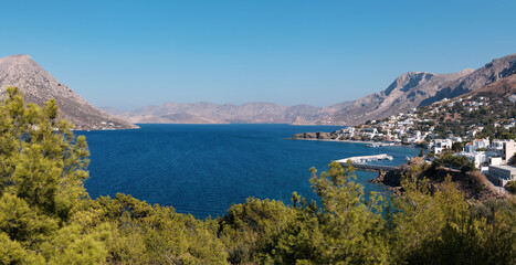 Panoramic view of Kalymnos and Telendos islands on sunny day. Aegean Sea, Greece.