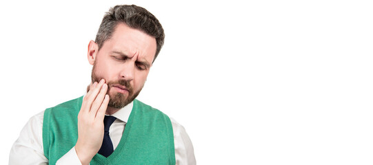 Man face portrait, banner with copy space. unhappy mature guy in formalwear suffering from toothache isolated on white background, pain.