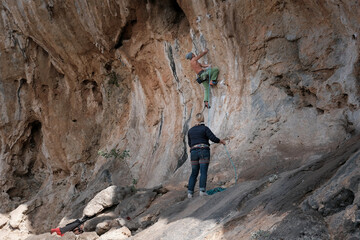 Obraz premium Climber on the rock. Kalymnos island, Greece.