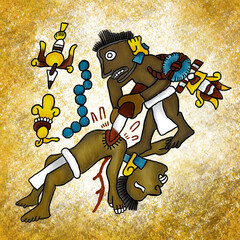Aztec sacrifice codex hand drawing 