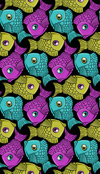 Seamless tessellation pattern of fishes in three colors. Vector illustration