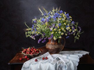 Still life with wild flowers and cherry