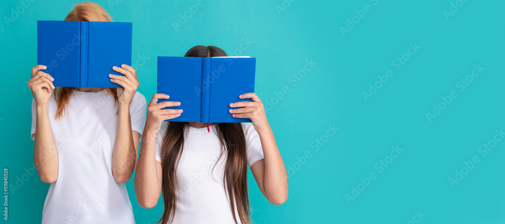 Wall mural mother and daughter child banner, copy space, isolated background. mother and daughter hiding behind