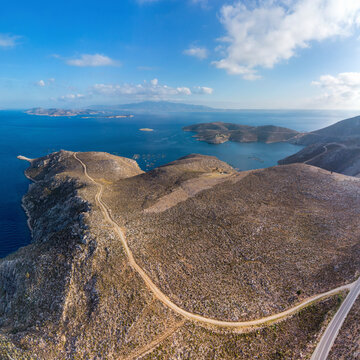 Aerial view of Kalymnos island on sunny day. Aegean Sea, Greece.