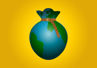 Apretarse el cinturón a nivel global. Bolsa de dinero con el estampado del planeta Tierra sobre fondo amarillo dorado © Gabrieuskal
