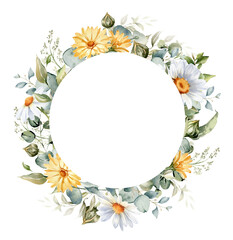 Watercolor floral frame. Daisy flower, calendula, lavender, eucalyptus branches and leaves. Summer wildflowers for greeting cards and invitations, natural products wrapping, logo and DIY. - obrazy, fototapety, plakaty