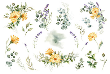 Watercolor meadow flowers and herbs. Daisy, calendula, lavender,  eucalyptus branches and leaves. Summer floral clipart for greeting cards and invitations, natural prod ucts wrapping, logo and fabric. - obrazy, fototapety, plakaty