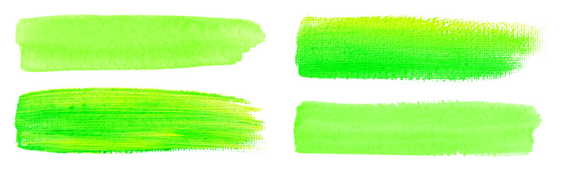 Green watercolor brush strokes. Canvas texture. Paint brush. Acrylic smear set. Vector illustration