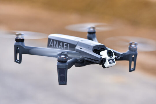 10 April 2022 - Krakow, Poland: Compact thermal drone Parrot ANAFI Thermal flying in air
