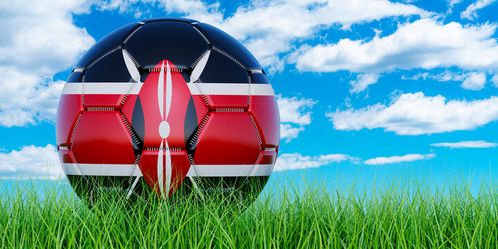 Soccer ball with Kenyan flag on the green grass against blue sky, 3D rendering