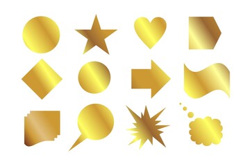 Set of golden symbols. Banners for header, star, circle, square, explosion, cloud, arrow, guides, stack, rhombus, heart. Golden design elements. Luxury design.