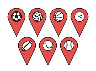 Location pin icon. Map pin place marker. Location icon. Map marker pointer icon set. Badges depicting sports balls. Map pin icons to mark location of sport club, stadium, competition.