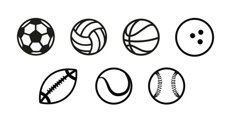 Fototapeta premium Sport balls Line Icons. For Mobile and Web. Contains such icons as Baseball, Volleyball, Tennis, Basketball, Soccer, Bowling. Vector illustration in doodle style