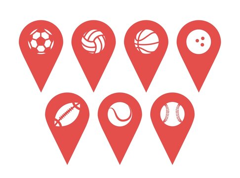 Pin Location icons. Set of map pointer with image of sport balls. Flat Map pin icons to mark location of sport club, stadium, competition. Vector illustration.