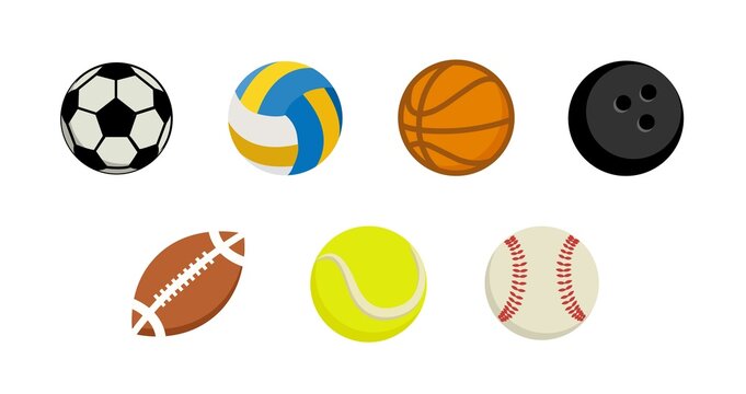 A set of sports balls. Soccer, tennis, volleyball, baseball, basketball and football equipment. Flat game ball vector set. Basketball and baseball, volleyball and soccer illustration