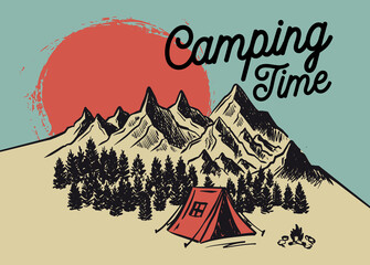 Sketch Camping in nature set, Mountain landscape, vector illustrations.	
