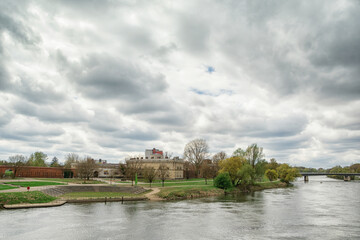 beautiful view in the park, blue sky with clouds, summer sunny day in nature, Ingolstadt	