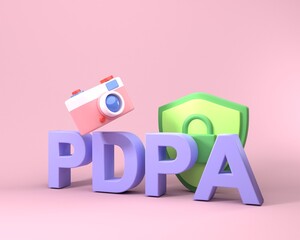 Camera with Shield and PDPA Text on pink background., Personal data protection act both form of personal data privacy policy. 3d render illustration.