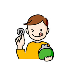 Naklejka premium 財布から硬貨を取り出す男性のイラスト（白背景・ベクター・切り抜き）