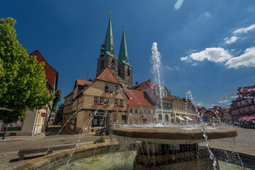 Germany, Harz, Quidlingburg, 15 June 2022 - The church with double tower In Saxony-Anhalt is a favorite tourist destination