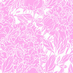 Vector seamless pattern: peony flowers with leaves in pink and white color. Tender, romantic design for textile, fabric, wallpaper, wrapping paper.
