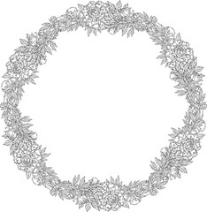 Vector linear black and white floral wreath from peonies flowers, buds, leaves. Monochrome line art design with empty place for text. Card template.
