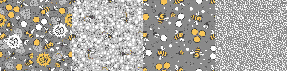 Modern floral pattern set with large sunflower flowers, bees and dragonflies, small buds on a branch, varied foliage. Bitmap, small spots. Modern design for paper, cover, fabric, decor, print